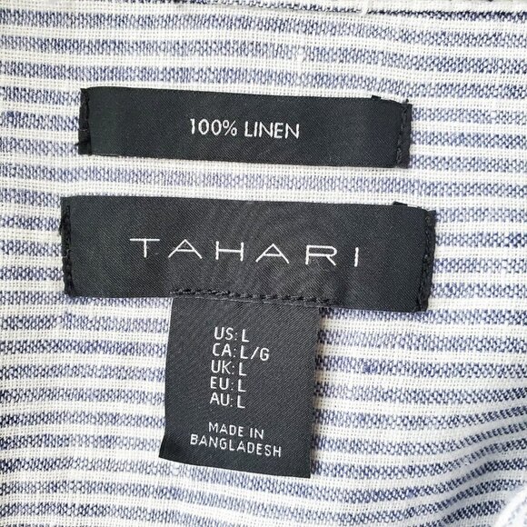 TAHARI 100% Linen Long Button Down Shirt Steel Blue and White Stripes Size L - Picture 6 of 15